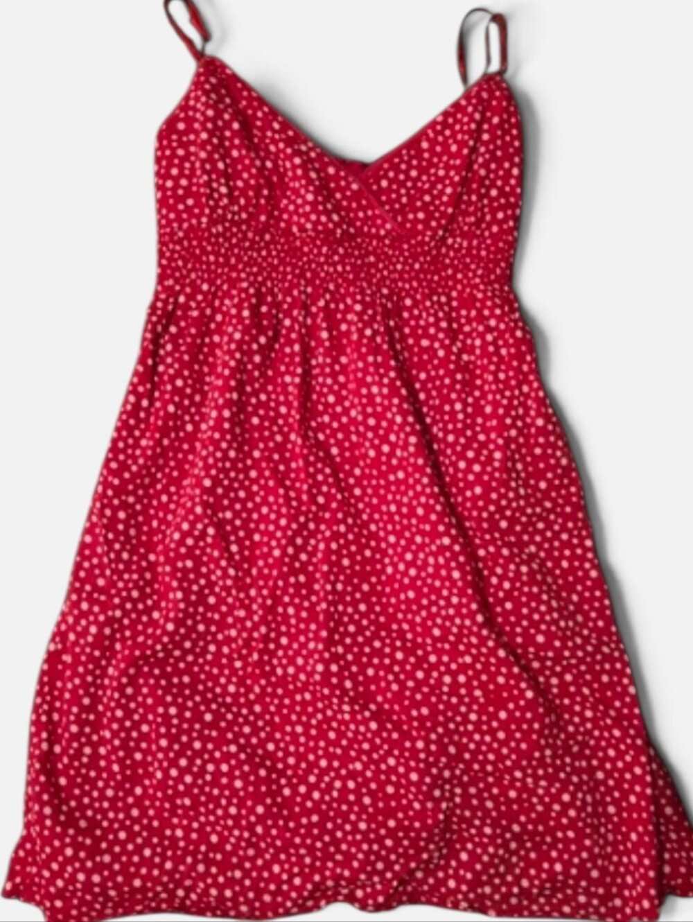 Flowers Red Polka Dot Smocked Cotton Sundress Spaghetti Strap Mini Dress Small